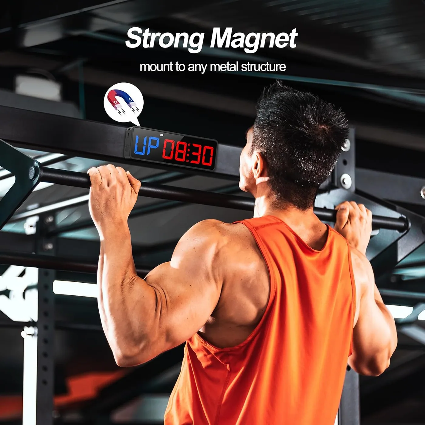A wall-mounted interval timer counting down above a pull-up bar