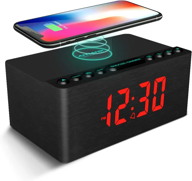 Wooden Clock Radio with Wireless Charging, Black