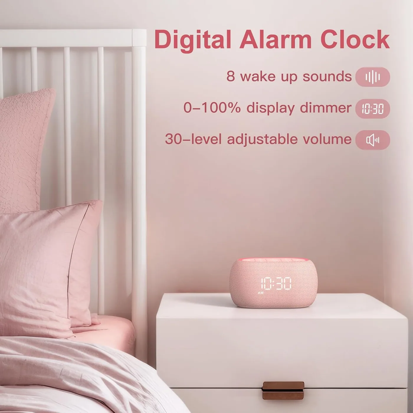 The pink model in a child's room. The display dims to nothing once the light is set.