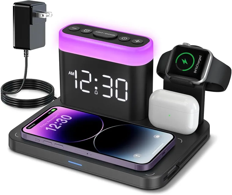 5-in-1 Magnetic Charging Station Clock, Black