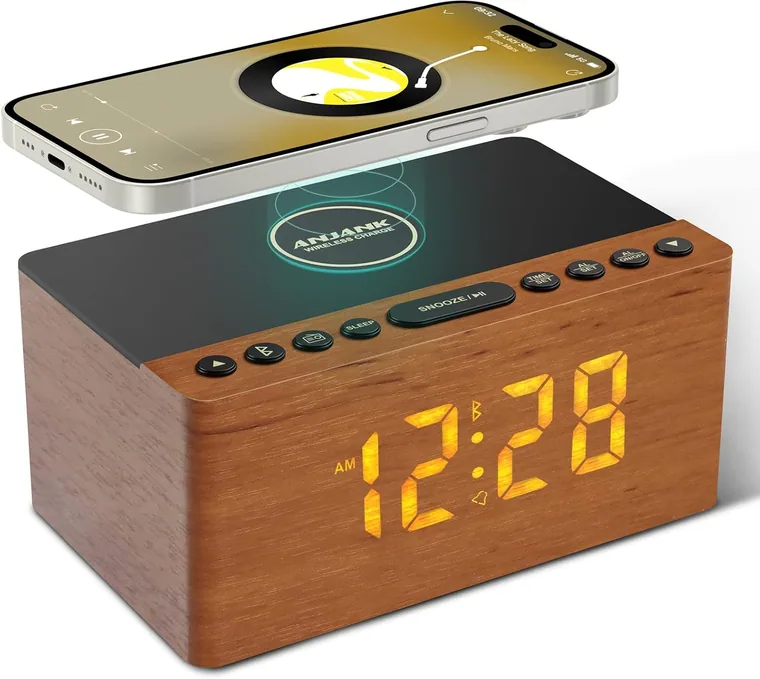 Wooden Bluetooth Speaker Clock Radio, Light Walnut